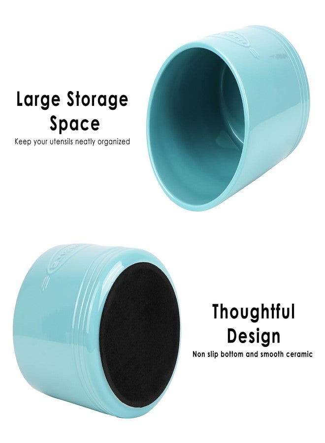 BUNCHBRAVO Ceramic Utensil Holder Enamel Finish - 7.3 x 5.9 Inches Large Round Utensil Crock, Kitchen Tools Countertop Organizer, Farmhouse Décor, Teal - Image 3